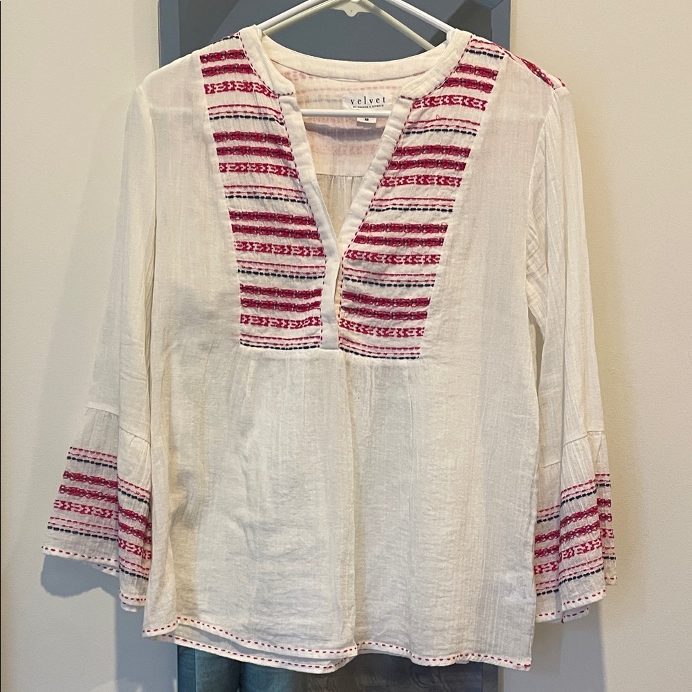 Velvet Women's Cream Blouse with Pink Accents